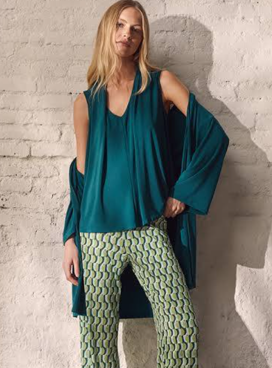 Paz Torras green jacket waterfall neckline