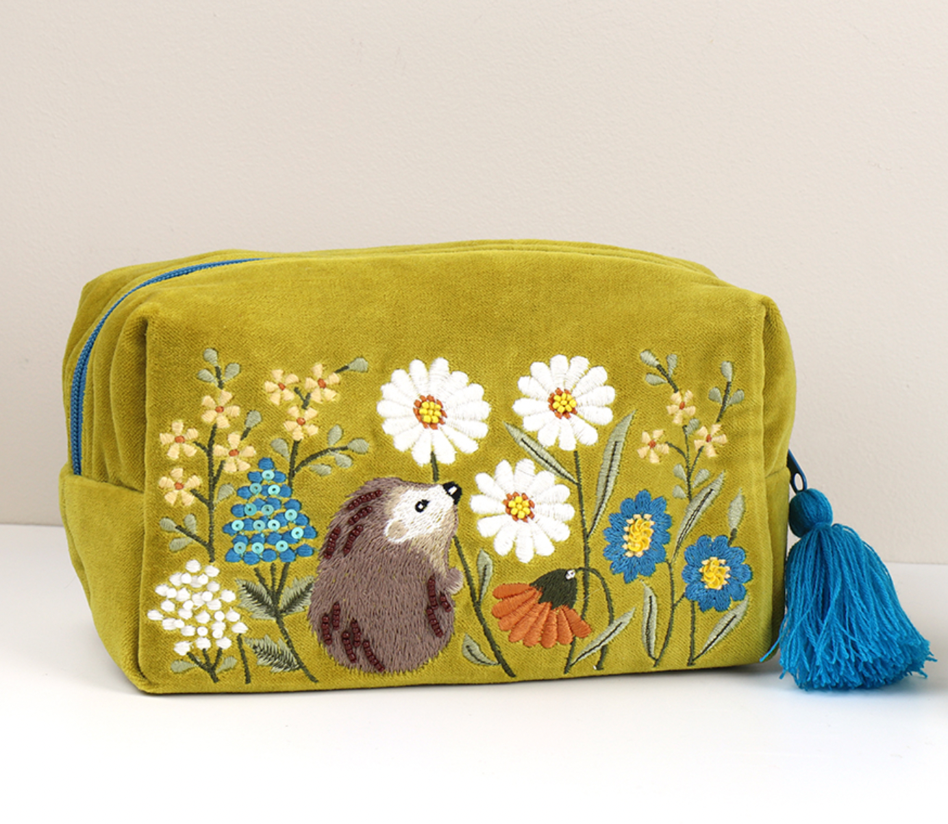 POM Chartreuse velvet make up bag with tassel