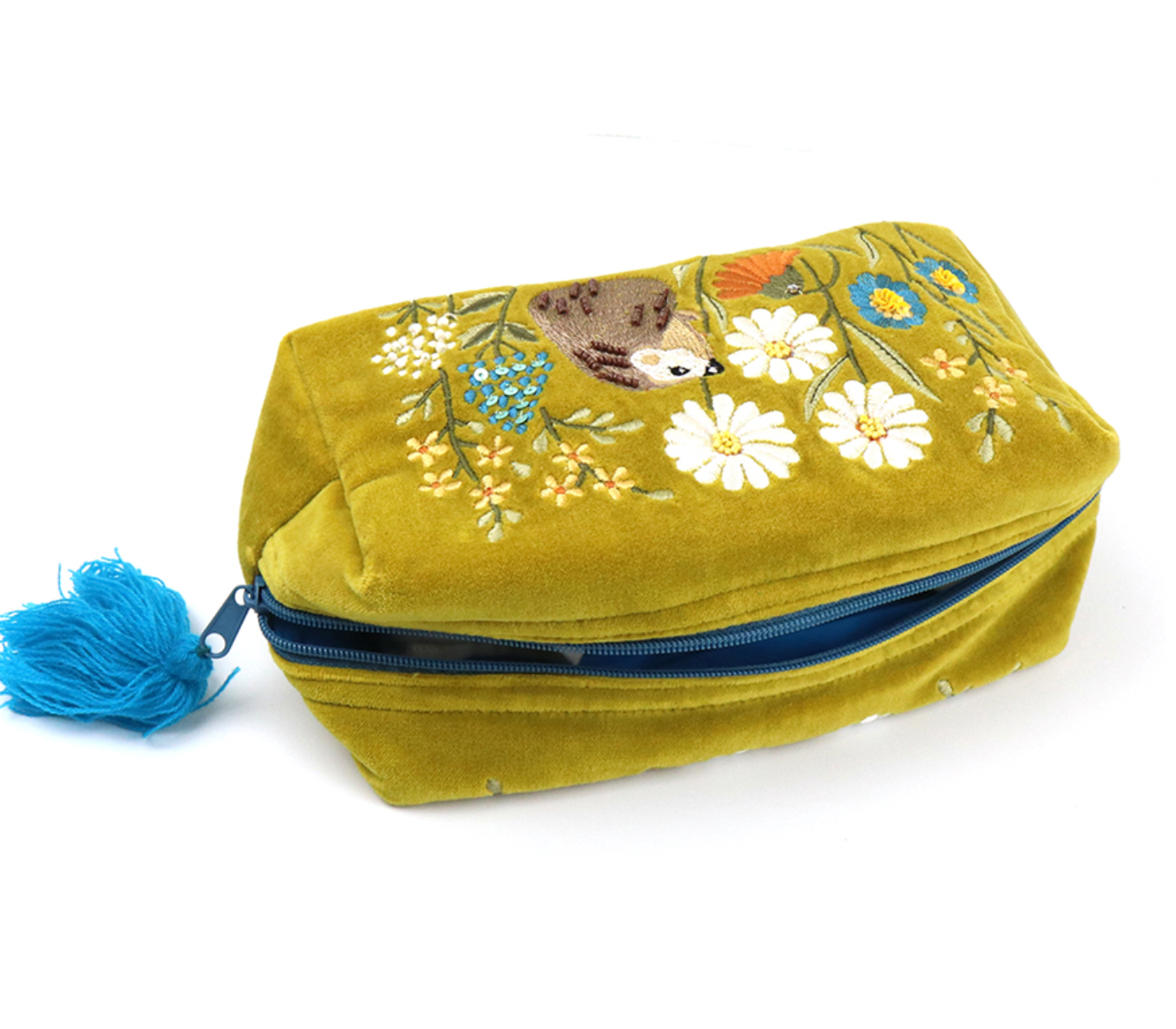 POM Chartreuse velvet make up bag with tassel
