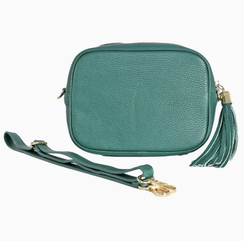 Emerald green leather crossbody handbag