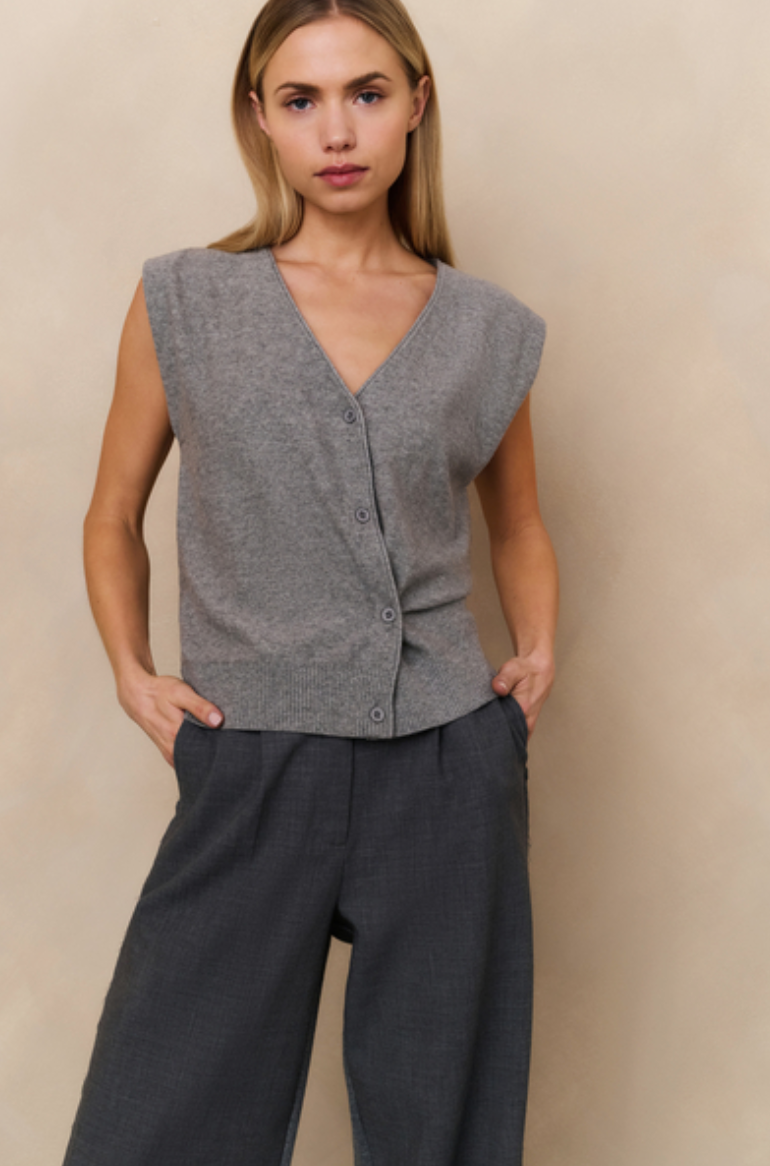 Yaya medium grey melange vest knit with button twist detail
