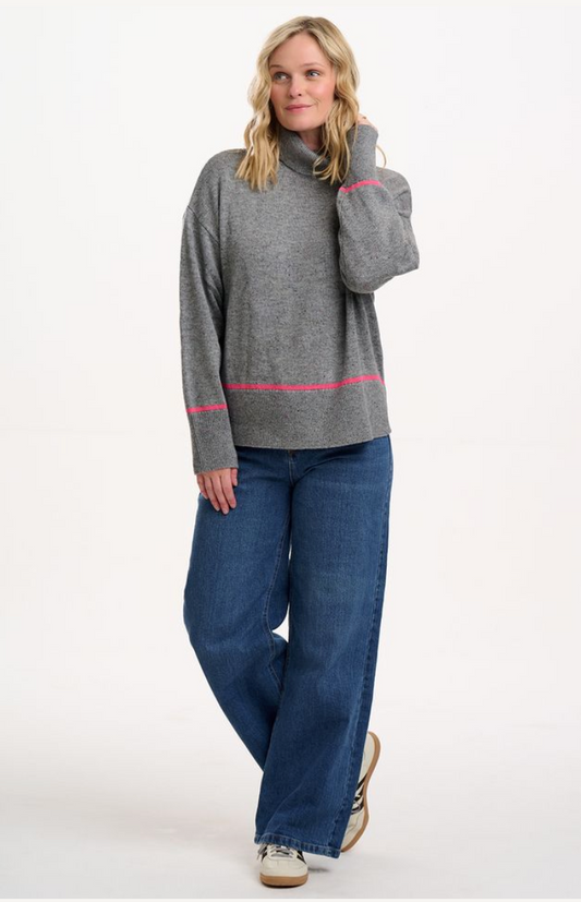Sugarhill Brighton Kelli roll neck jumper in grey with pink trim