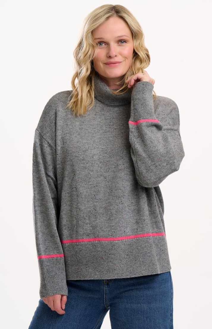 Sugarhill Brighton Kelli roll neck jumper in grey with pink trim