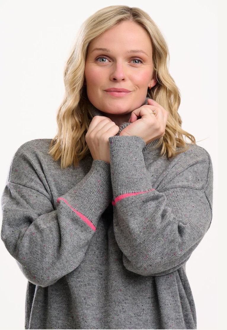 Sugarhill Brighton Kelli roll neck jumper in grey with pink trim