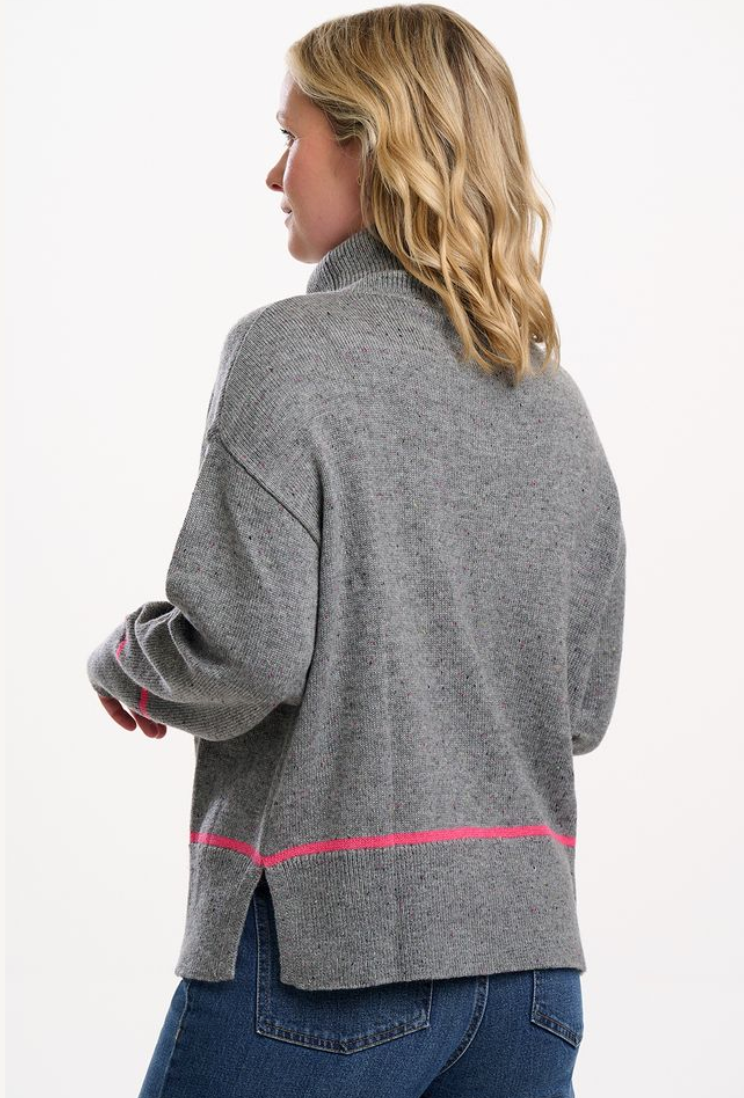 Sugarhill Brighton Kelli roll neck jumper in grey with pink trim