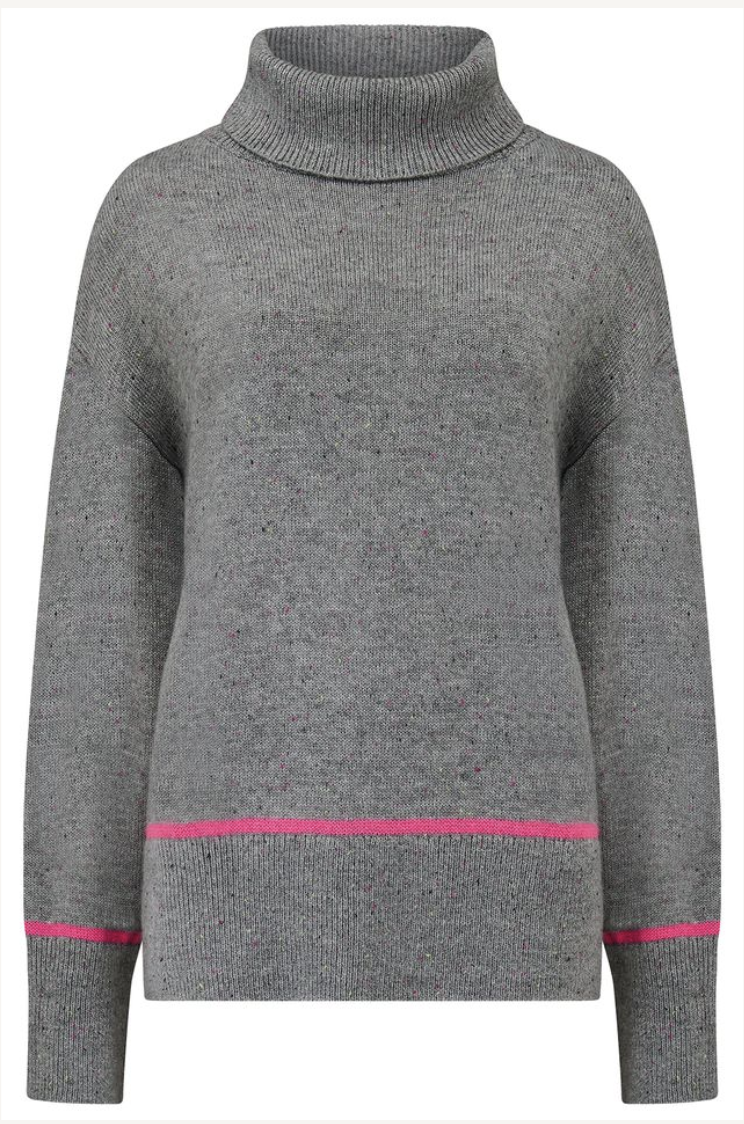 Sugarhill Brighton Kelli roll neck jumper in grey with pink trim
