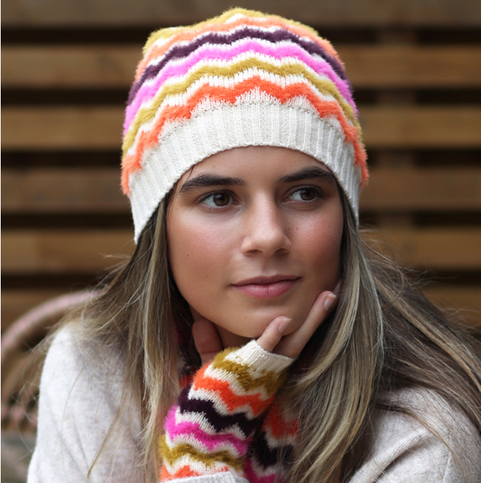 POM Autumnal bright chevron beanie hat