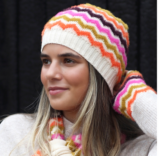 POM Autumnal bright chevron beanie hat