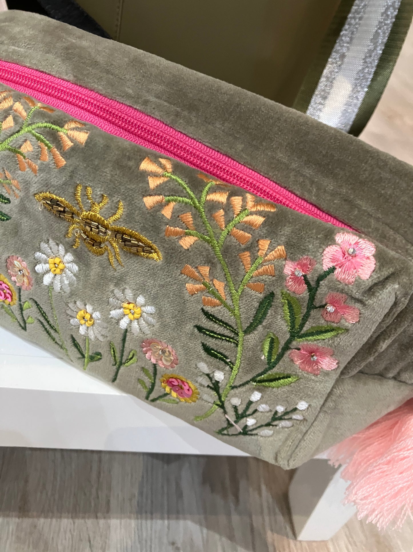 POM Sage green and pink velvet travel make up bag