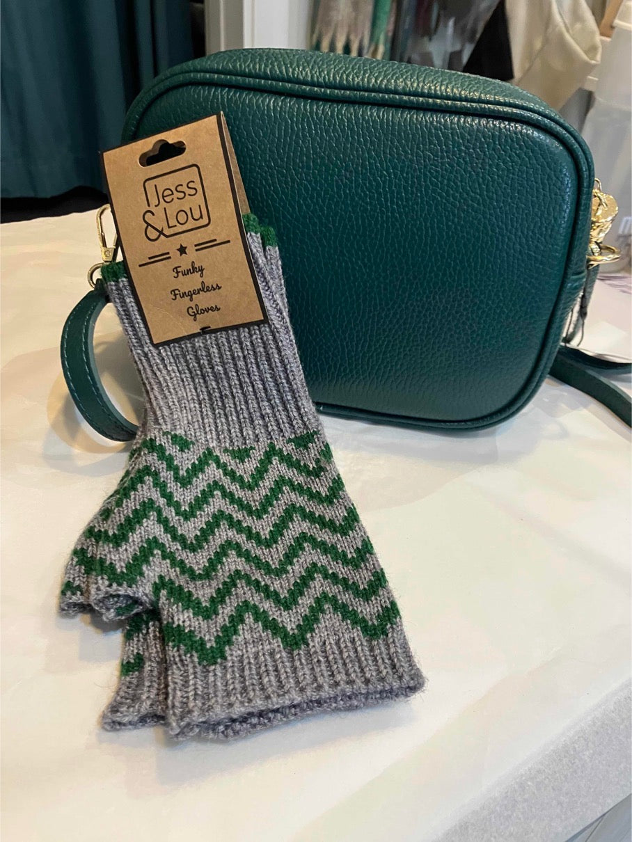 Jess & Lou green and grey herringbone wrist warmers