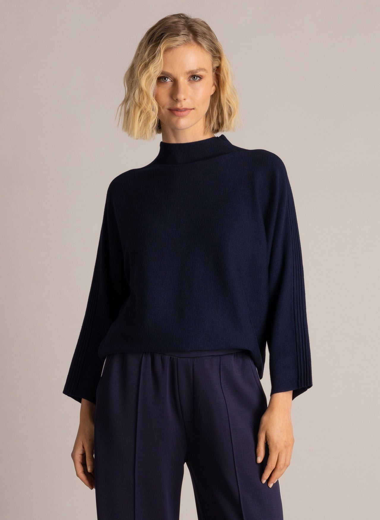 Yest Sima high neck top with three quarter sleeve in deep blue