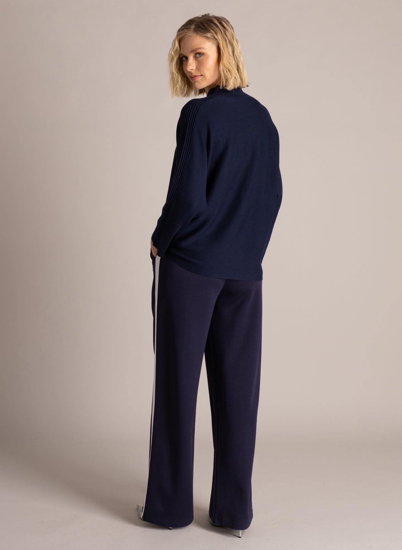 Yest Sima high neck top with three quarter sleeve in deep blue