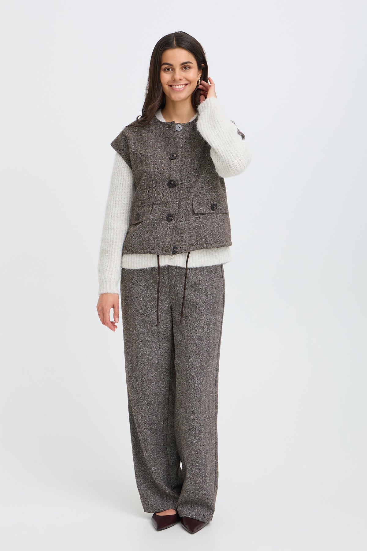 Fransa Vea blazer gilet in herringbone in hot fudge brown - [shop_name Strathaven] [womens clothing]