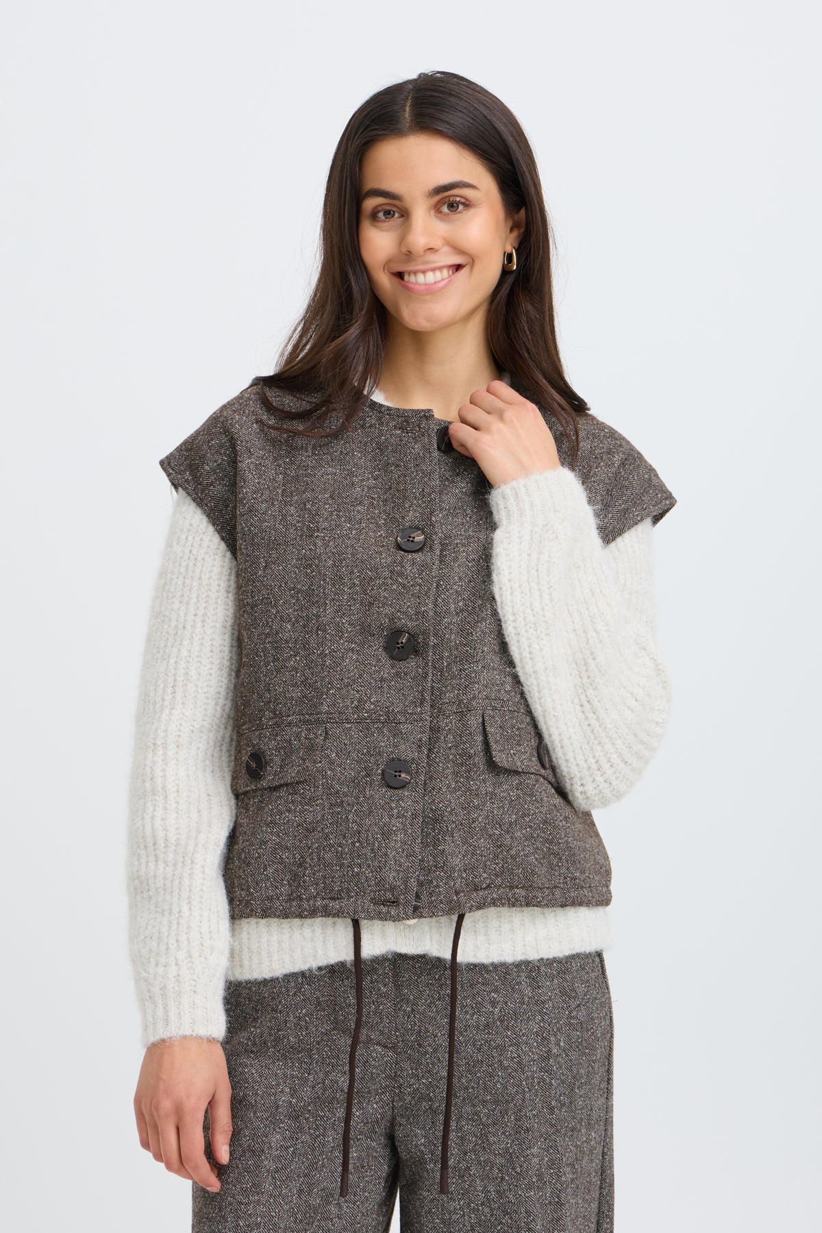 Fransa Vea blazer gilet in herringbone in hot fudge brown - [shop_name Strathaven] [womens clothing]