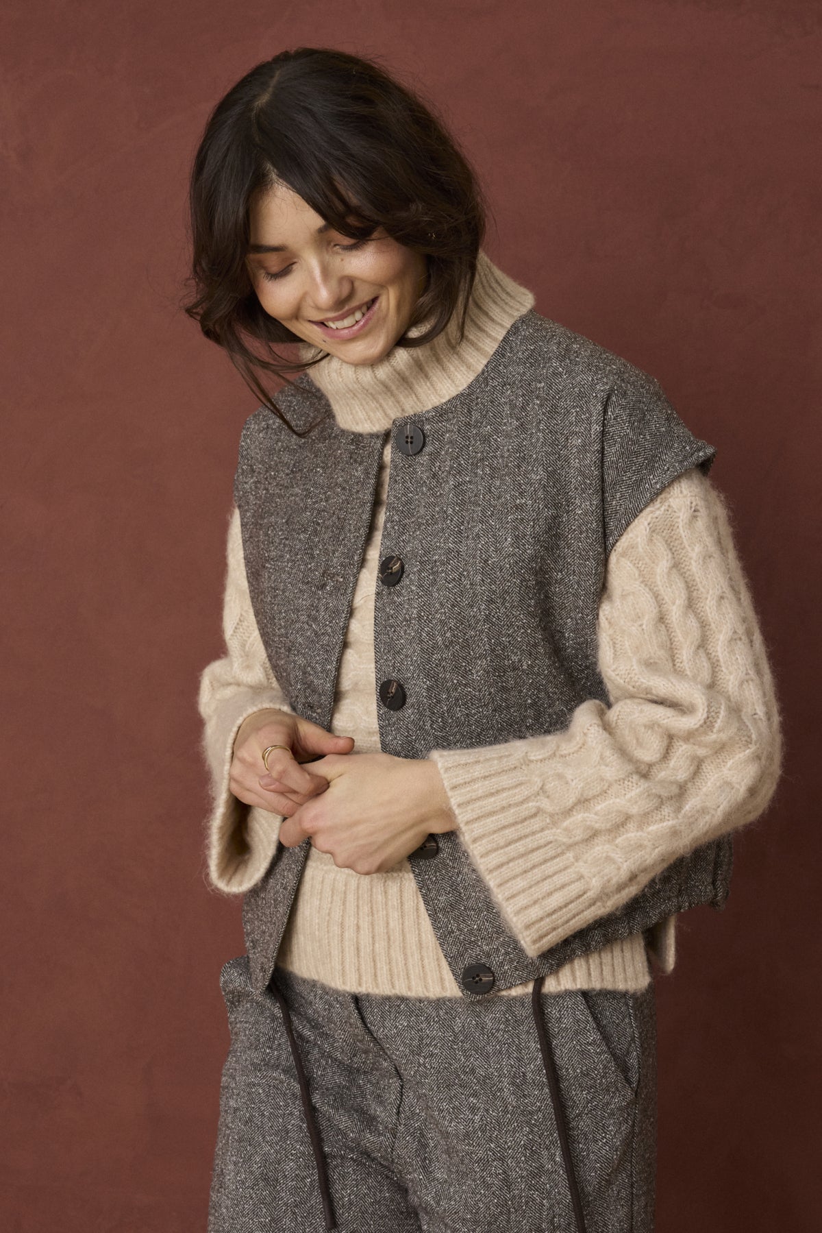 Fransa Vea blazer gilet in herringbone in hot fudge brown - [shop_name Strathaven] [womens clothing]