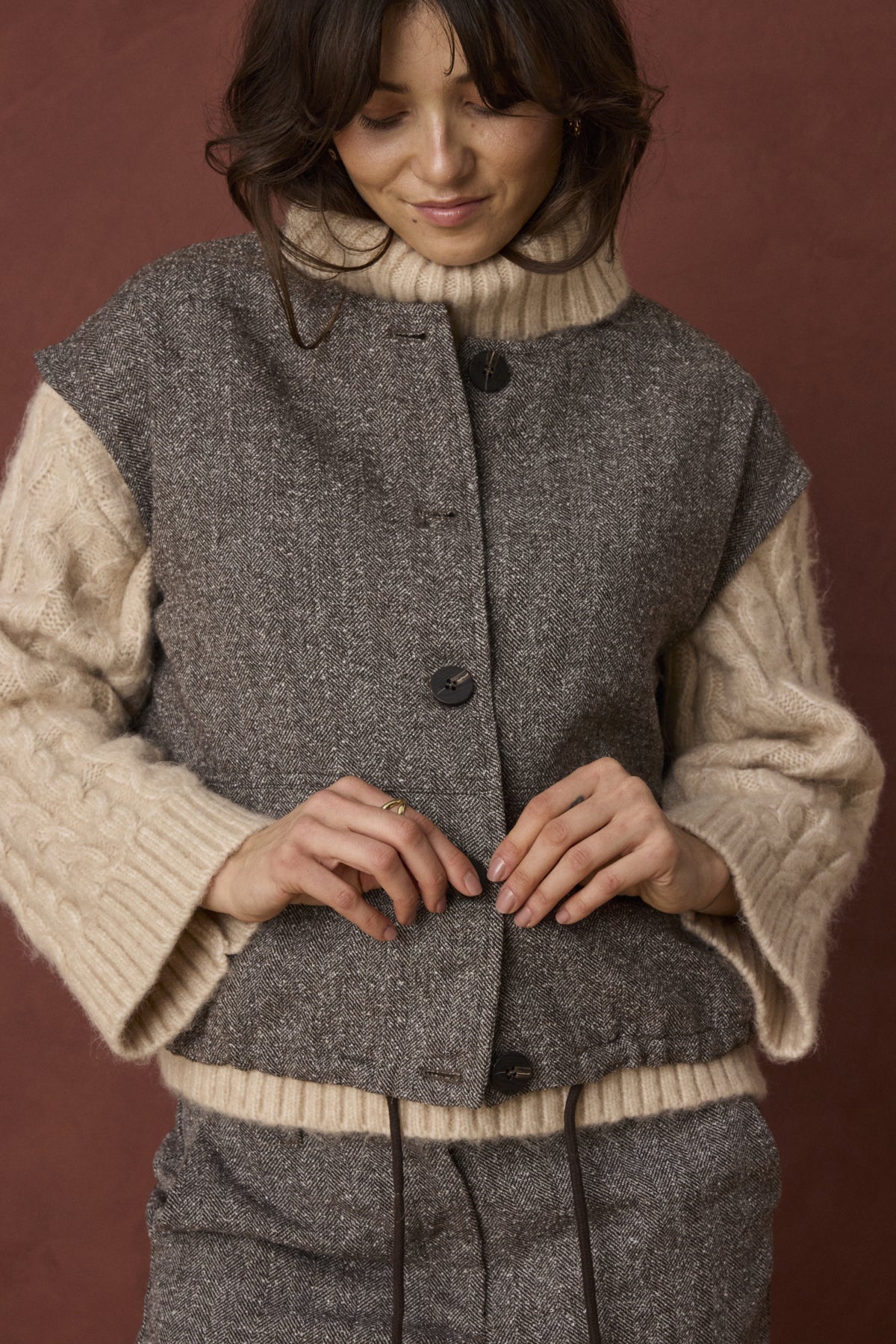Fransa Vea blazer gilet in herringbone in hot fudge brown - [shop_name Strathaven] [womens clothing]