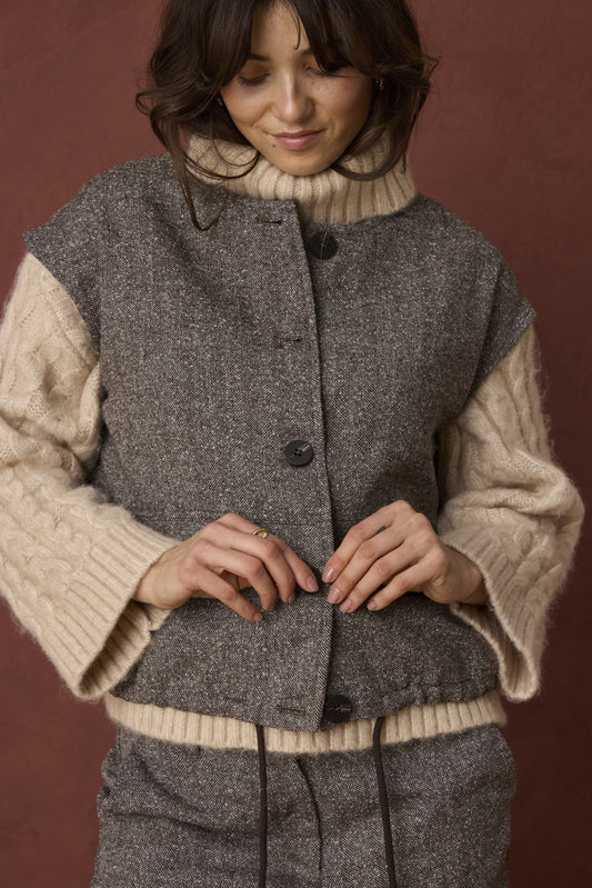 Fransa Vea blazer gilet in herringbone in hot fudge brown - [shop_name Strathaven] [womens clothing]