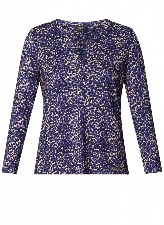 Blue, navy and fawn patterned long-sleeve top with notch neckline 