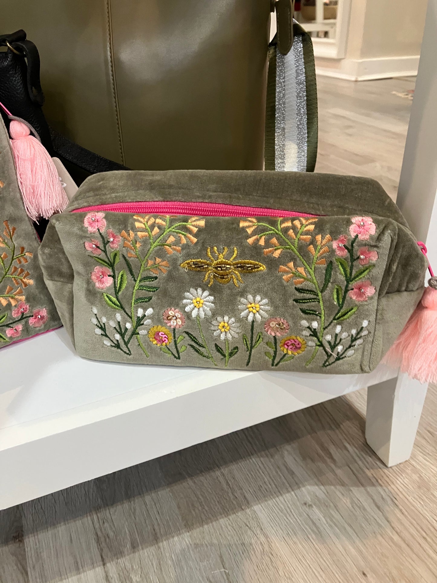 POM Sage green and pink velvet travel make up bag