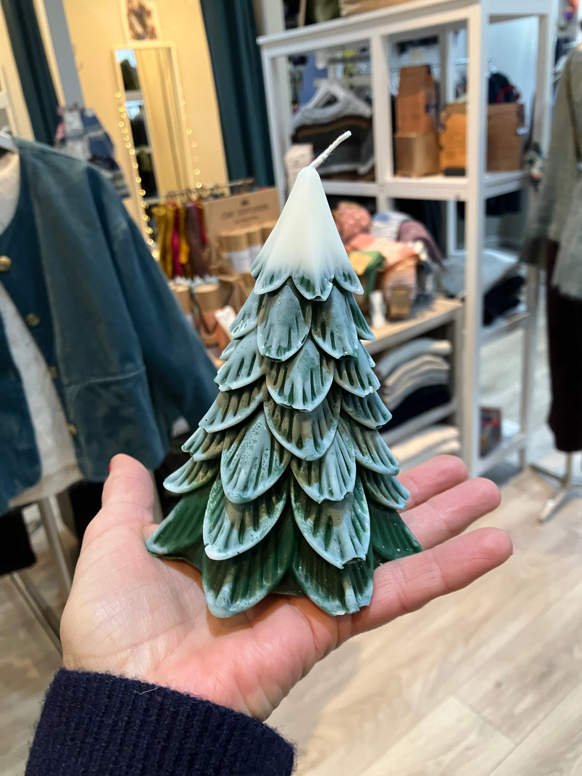 Snowy green Christmas tree candle in forest scent