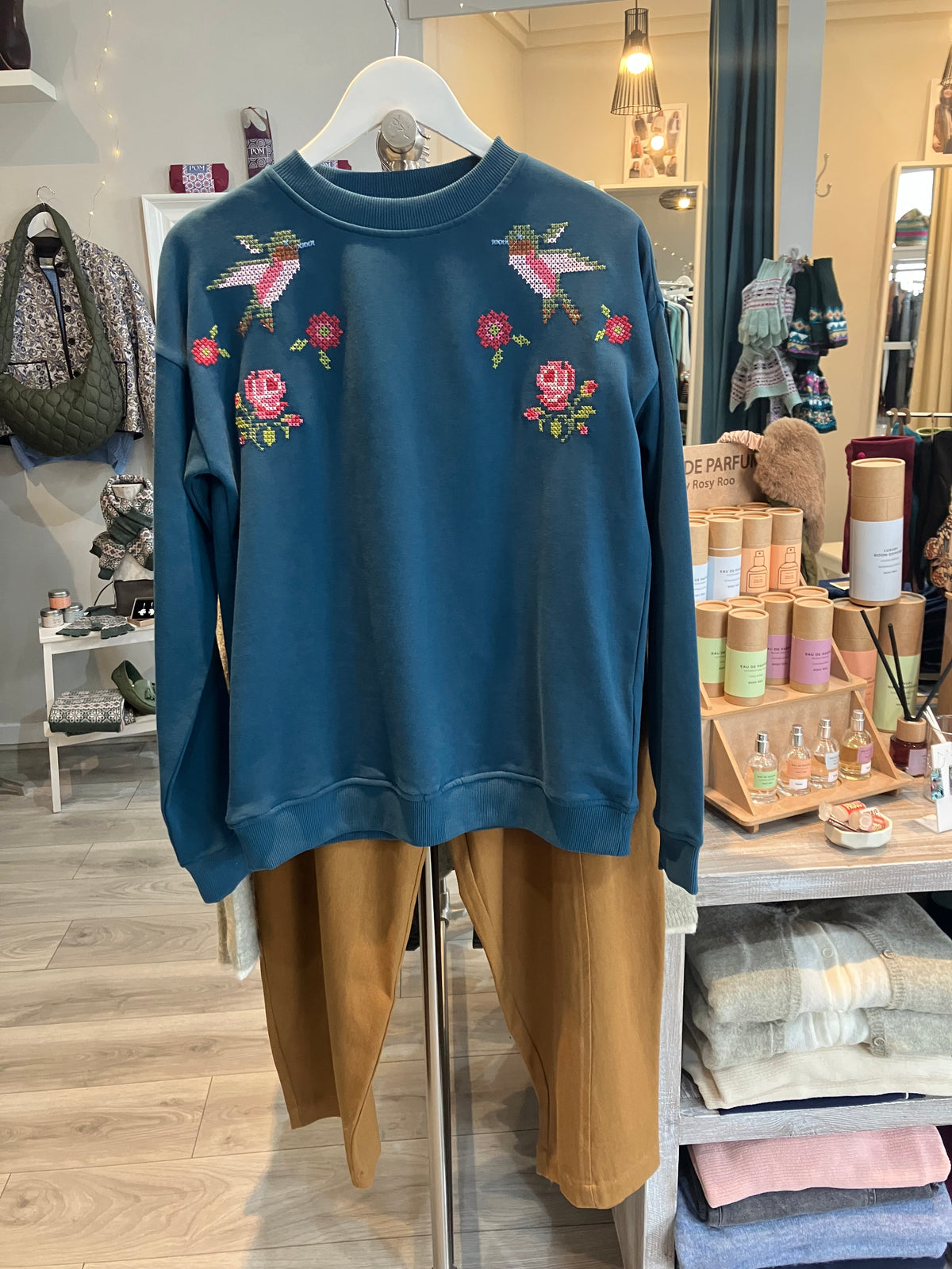 Sugarhill Brighton Noah sweatshirt in teal cross stitch - [shop_name Strathaven] [womens clothing]