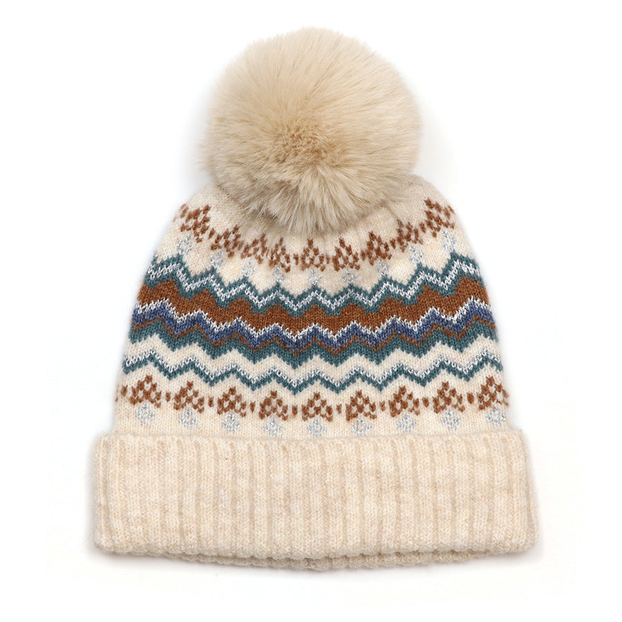 POM Sophia rust and teal zig zag striped bobble hat - [shop_name Strathaven] [womens clothing]