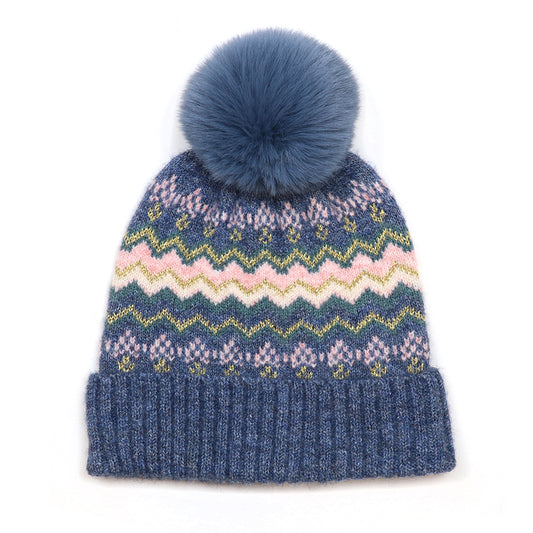 POM Sophia denim and pink zig zag striped bobble hat - [shop_name Strathaven] [womens clothing]