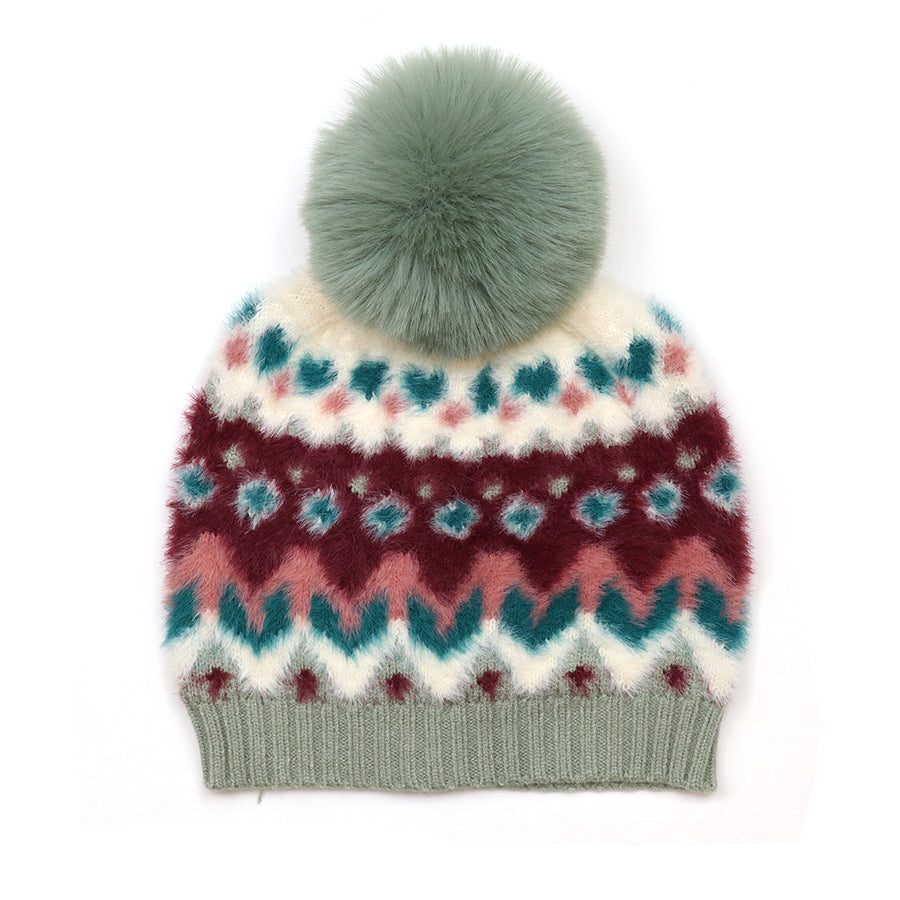 POM Imogen soft duck egg & wine pattern bobble hat - [shop_name Strathaven] [womens clothing]