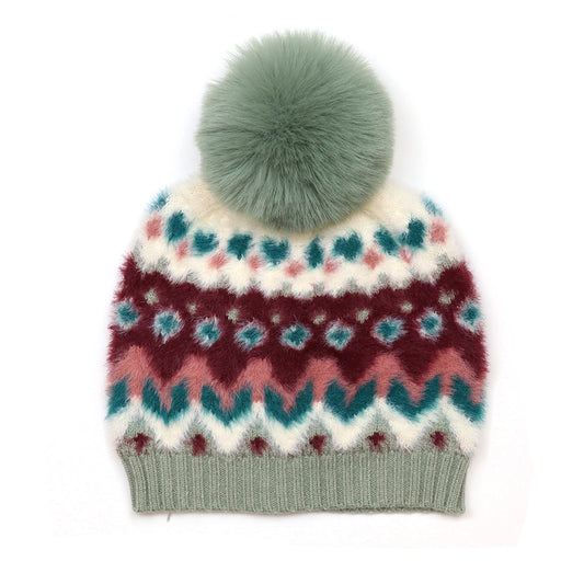 POM Imogen soft duck egg & wine pattern bobble hat - [shop_name Strathaven] [womens clothing]