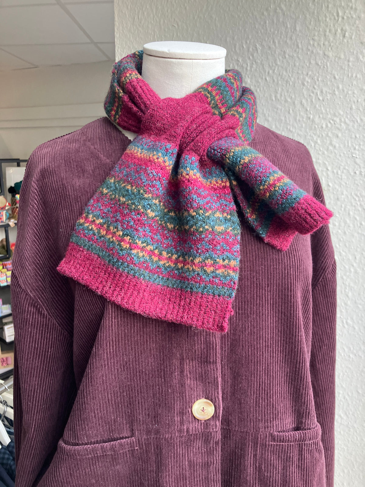POM Finola burgundy & teal mix fair isle pull through scarf