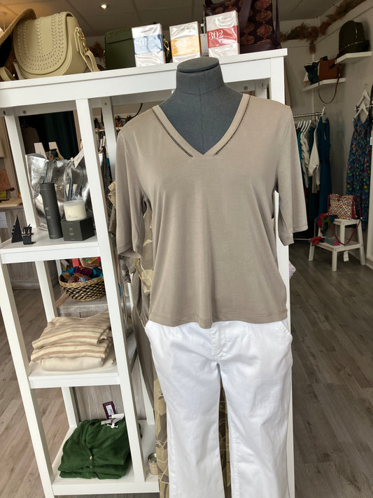 Yaya modal tee with tape neckline detail in army green