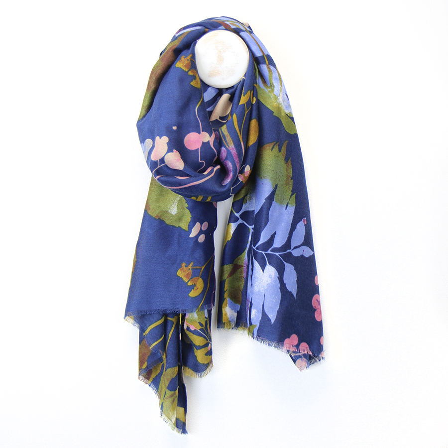 Soft scarf with navy, green and dusky pink