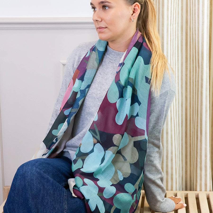 POM Florence plum & teal oversized botanical scarf - [shop_name Strathaven] [womens clothing]