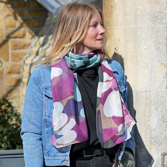 POM Florence plum & teal oversized botanical scarf - [shop_name Strathaven] [womens clothing]