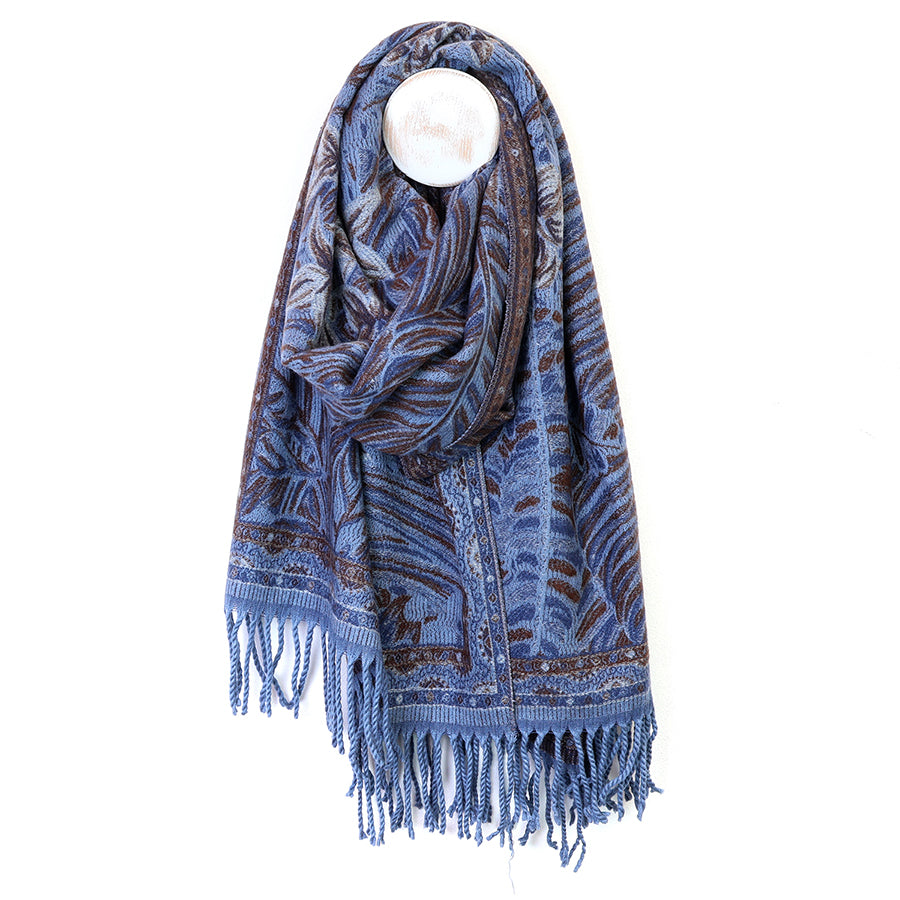 POM Celia blue & brown reversible ornate fern scarf - [shop_name Strathaven] [womens clothing]