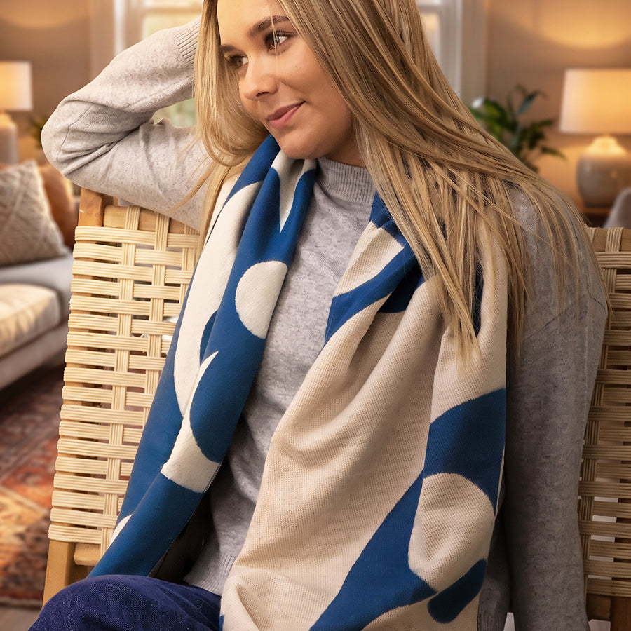 POM Louise teal blue & ecru oversized scarf - [shop_name Strathaven] [womens clothing]