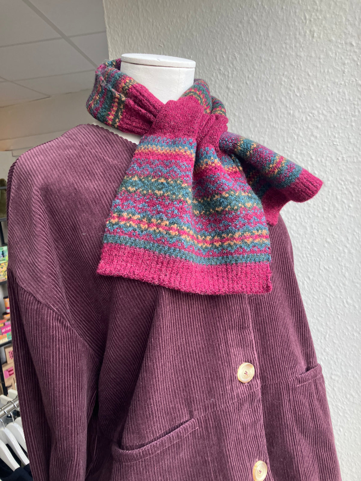 POM Finola burgundy & teal mix fair isle pull through scarf