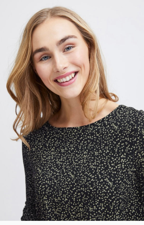 Fransa elasticated waist navy top with stone and lime abstract dot