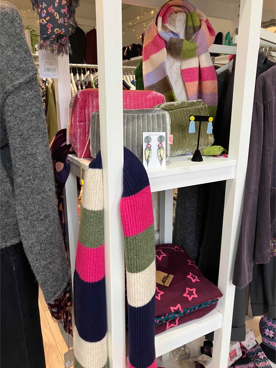 POM Navy, khaki and pink striped recycled blend scarf