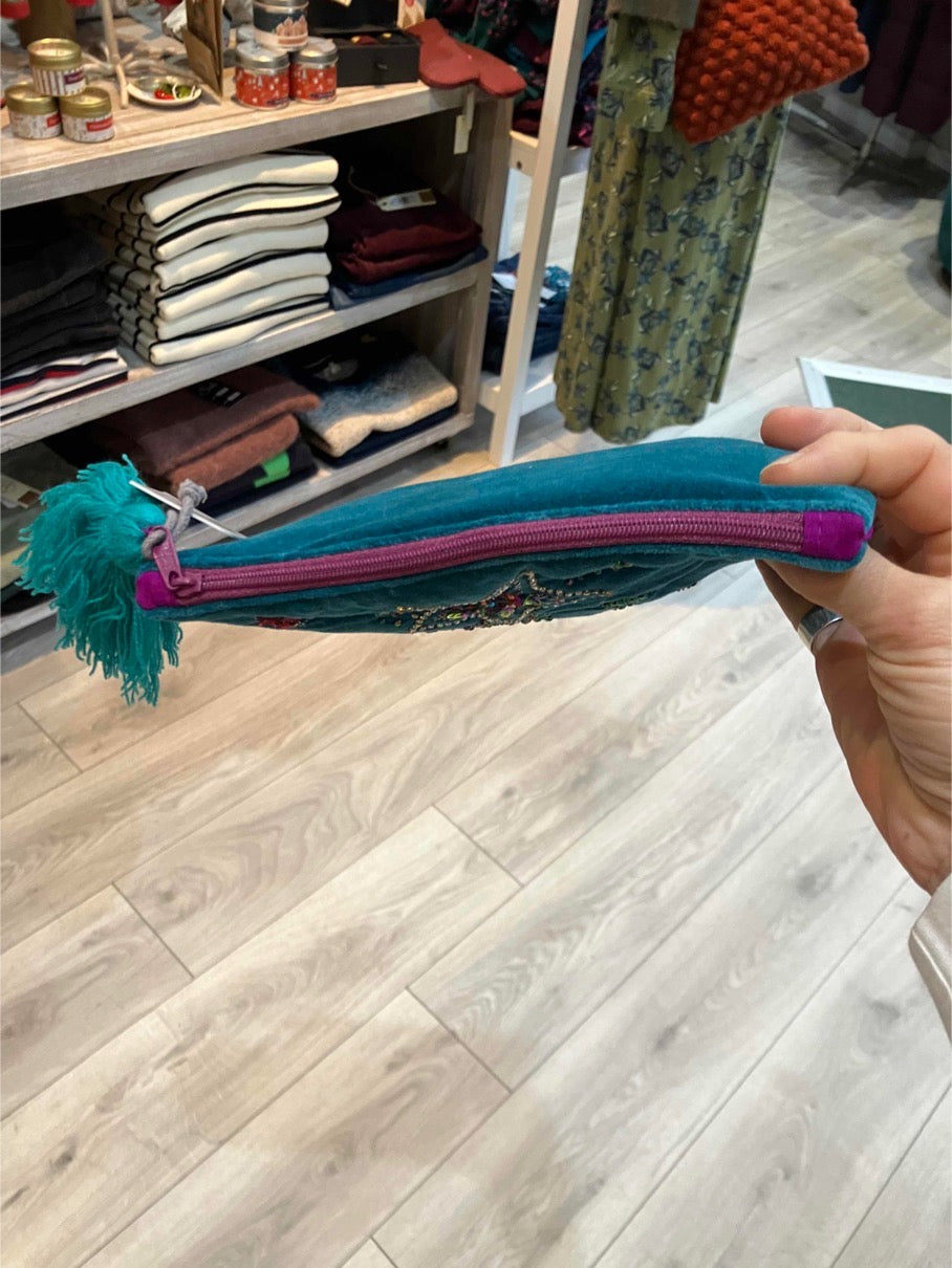 POM Teal velvet shooting stars purse