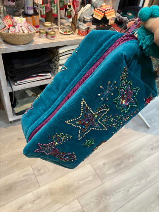 POM Teal embroidered shooting stars make up bag