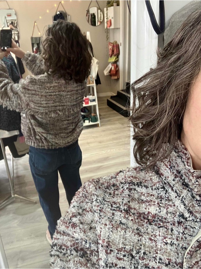 Yaya boucle jacket with fringes in blush pink