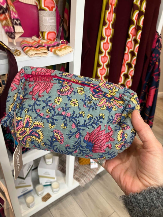 POM Blue & bright Pink Paisley floral make up bag - large