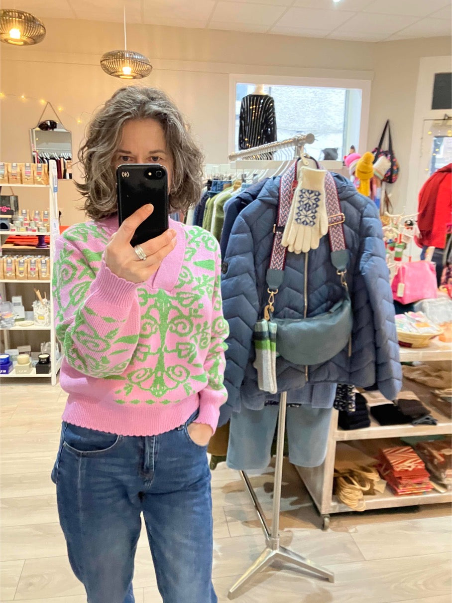 Numph Nuseida pink and green sweater