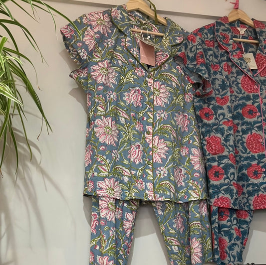POM Pale blue and pink dahlia print cap sleeve cotton pyjama set