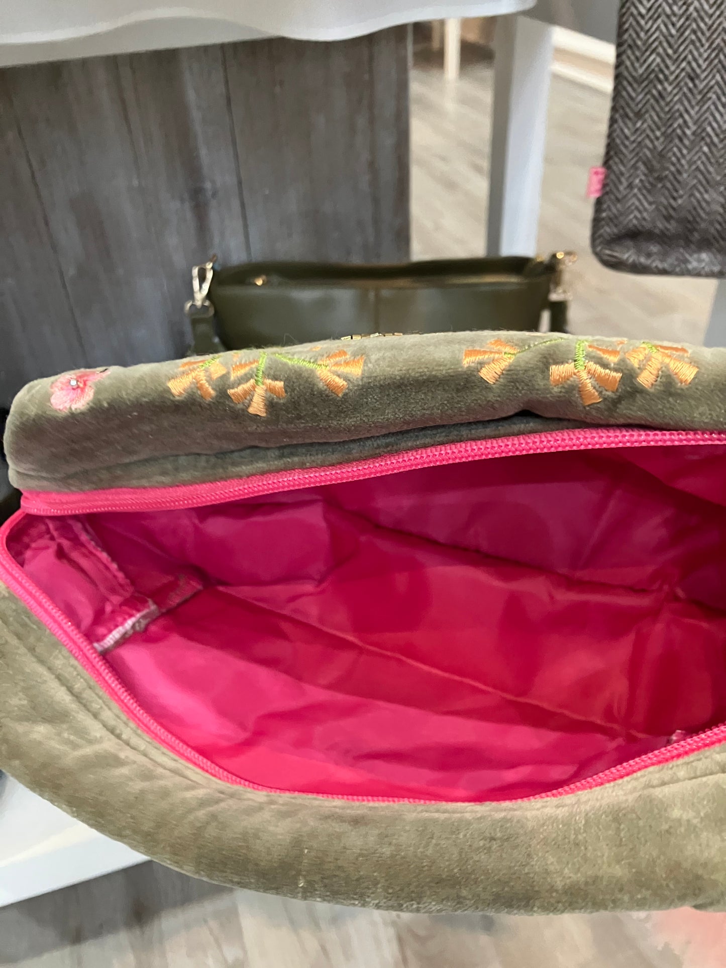 POM Sage green and pink velvet travel make up bag