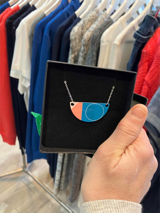 Jenni Douglas coral and blue arc necklace