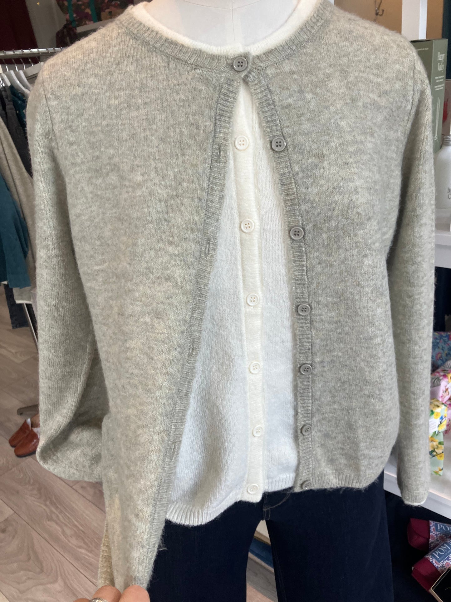 Yest Brandi in grey olive and beige cream layered sweater