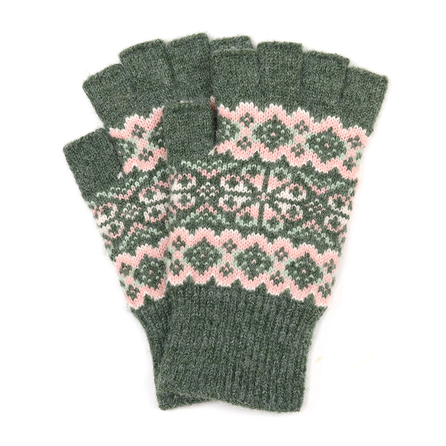 POM Agnes festive knit forest green and soft pink fingerless gloves - [shop_name Strathaven] [womens clothing]