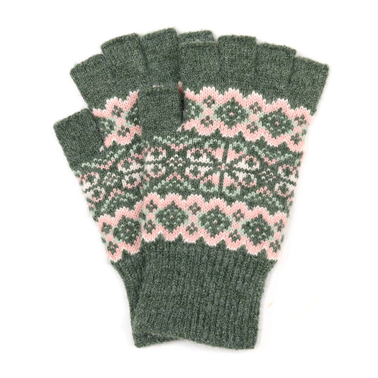 POM Agnes festive knit forest green and soft pink fingerless gloves - [shop_name Strathaven] [womens clothing]